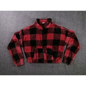 Hippie Rose Jacket Womens M Red Black Buffalo Plaid Faux Fur Zip Cropped Pockets